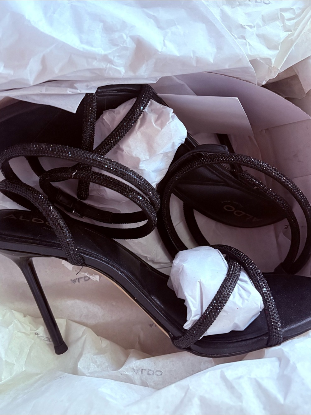Black Strappy Crystal-Accented Stiletto Heels